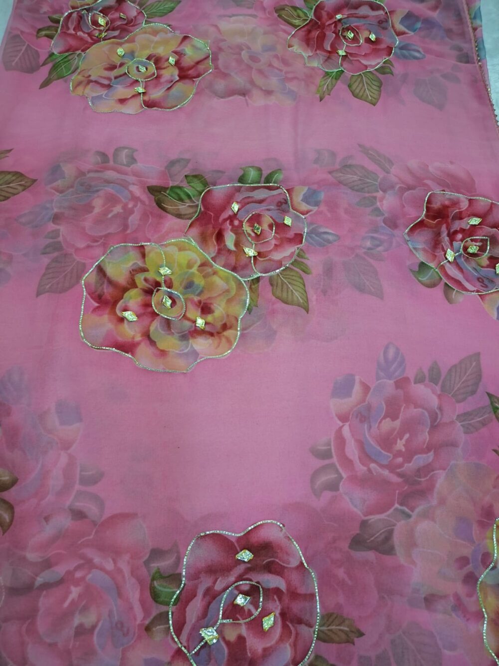 Royal Georgette "Kachi Gota Work" Floral Print Saree (With Blouse) - Image 8