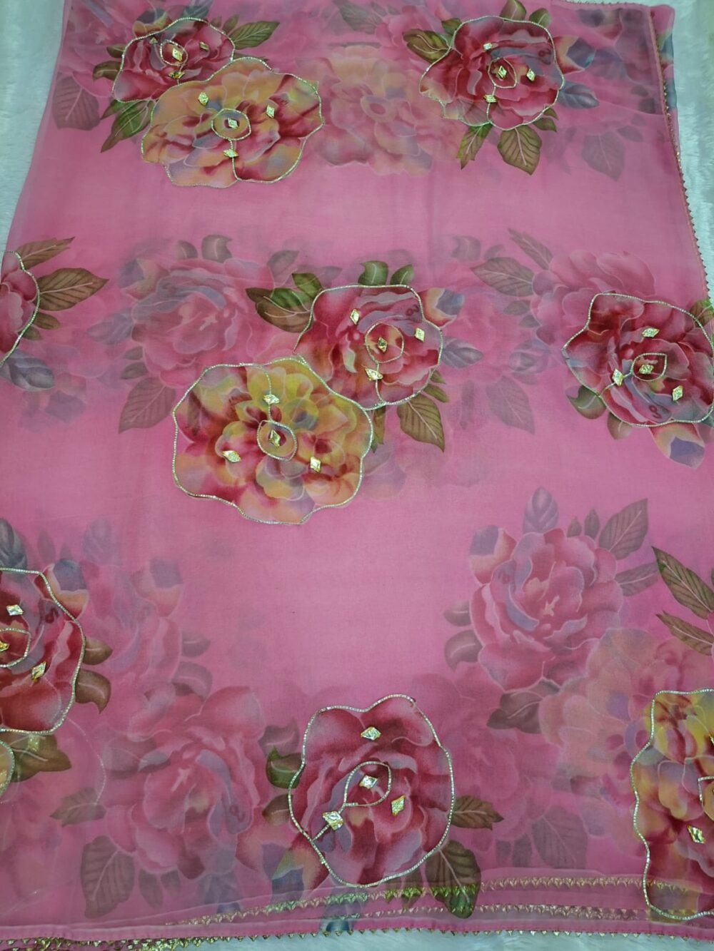 Royal Georgette "Kachi Gota Work" Floral Print Saree (With Blouse) - Image 7