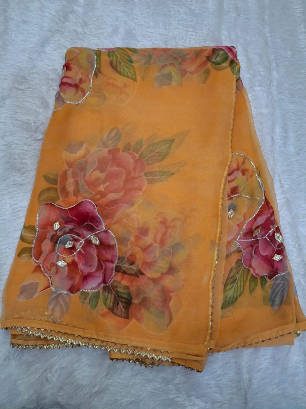 Royal Georgette "Kachi Gota Work" Floral Print Saree (With Blouse) - Image 6