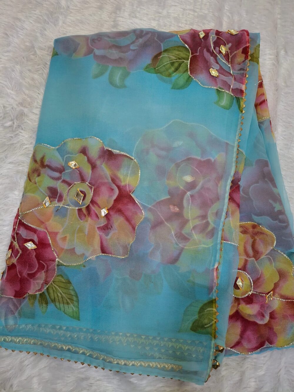 Royal Georgette "Kachi Gota Work" Floral Print Saree (With Blouse) - Image 5