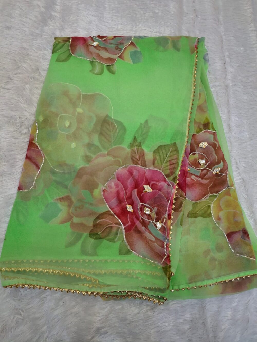 Royal Georgette "Kachi Gota Work" Floral Print Saree (With Blouse) - Image 4