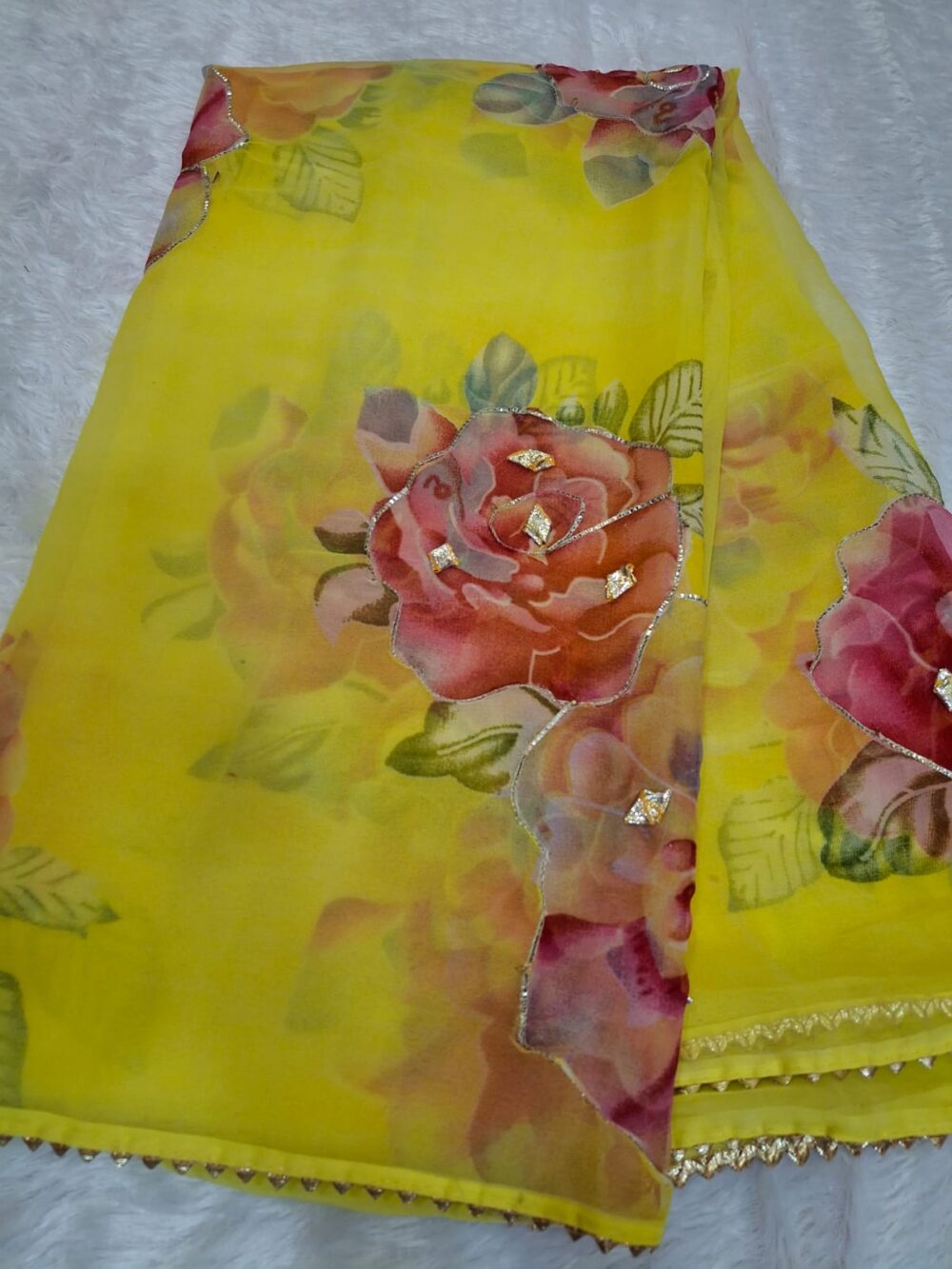Royal Georgette "Kachi Gota Work" Floral Print Saree (With Blouse) - Image 3