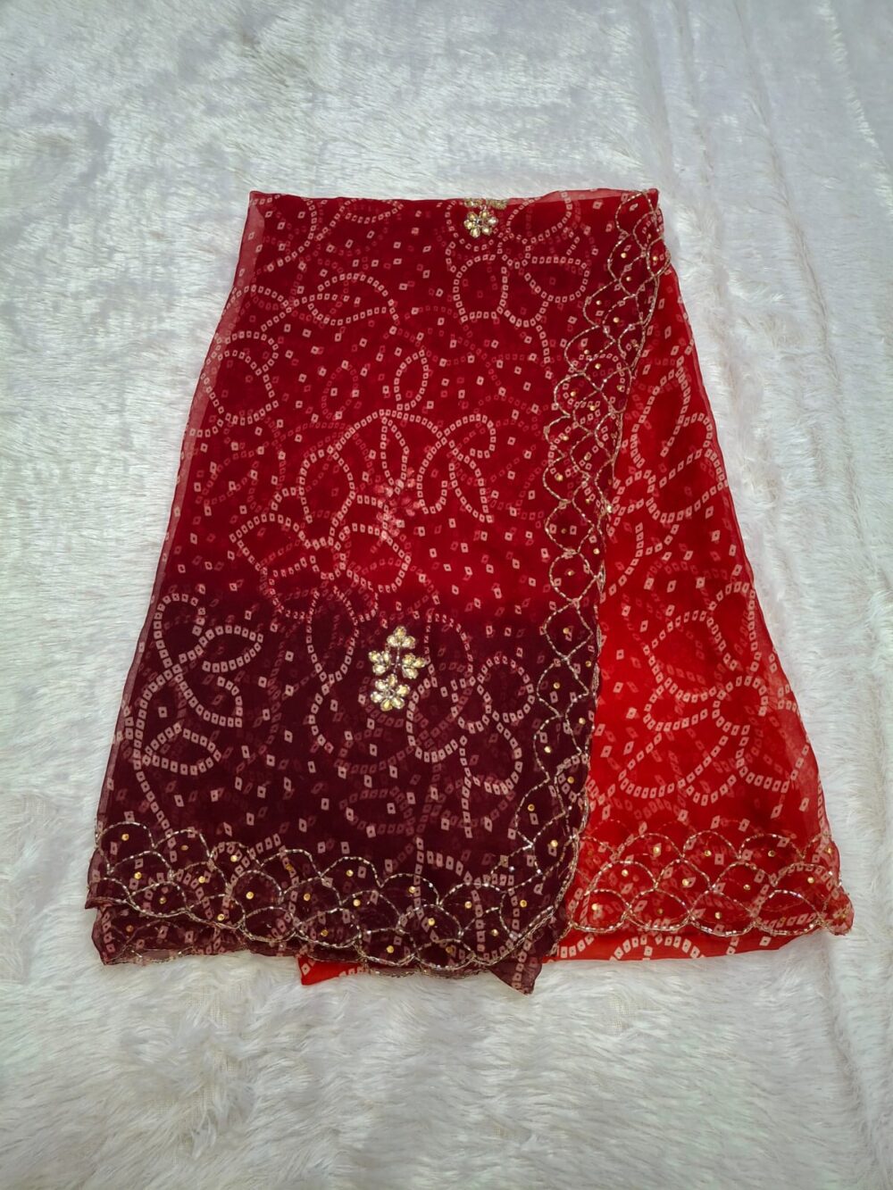 🌸 Royal Georgette Saree | Two-Dye Bandhani | Heavy Cut Dana Four-Side Border | Without Blouse 🌸 - Image 4