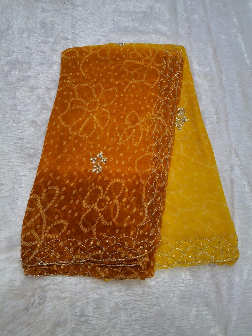 🌸 Royal Georgette Saree | Two-Dye Bandhani | Heavy Cut Dana Four-Side Border | Without Blouse 🌸 - Image 7