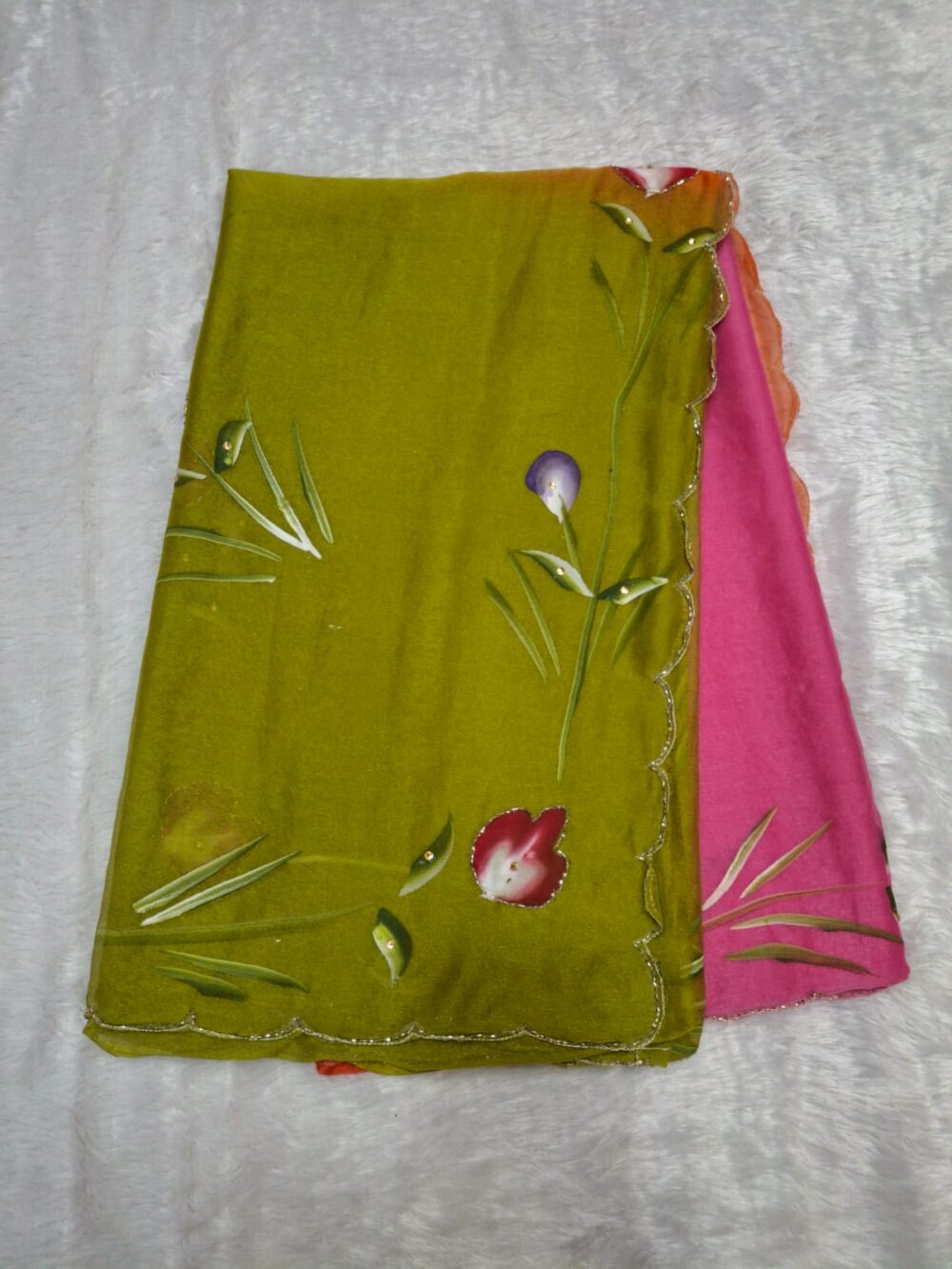Party Wear Saree In Chiffon | All Over Hand Painting, Cut - Dana Work & Multi Colour | With Blouse - Image 5