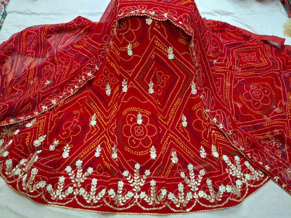 | Party Wear Pure Bandhej Lehenga Chunni | Cut - Dana & Stone Work | - Image 3
