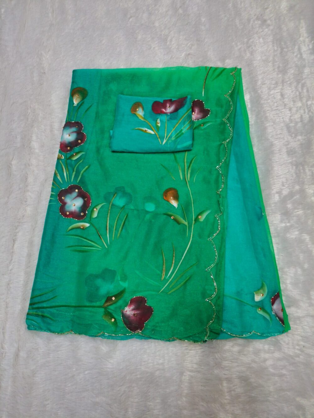 Party Wear Saree In Chiffon | All Over Hand Painting, Cut - Dana Work & Multi Colour | With Blouse - Image 7