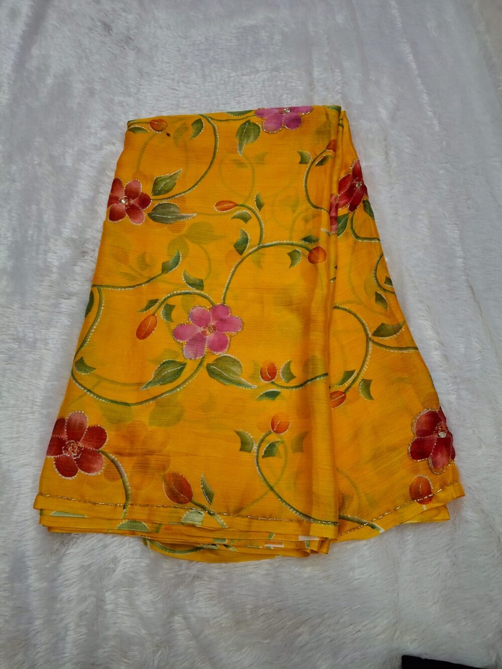 🌸 Party Wear Saree in Chiffon | Brush Painting & Cut Dana Work | With Blouse 🌸 - Image 7