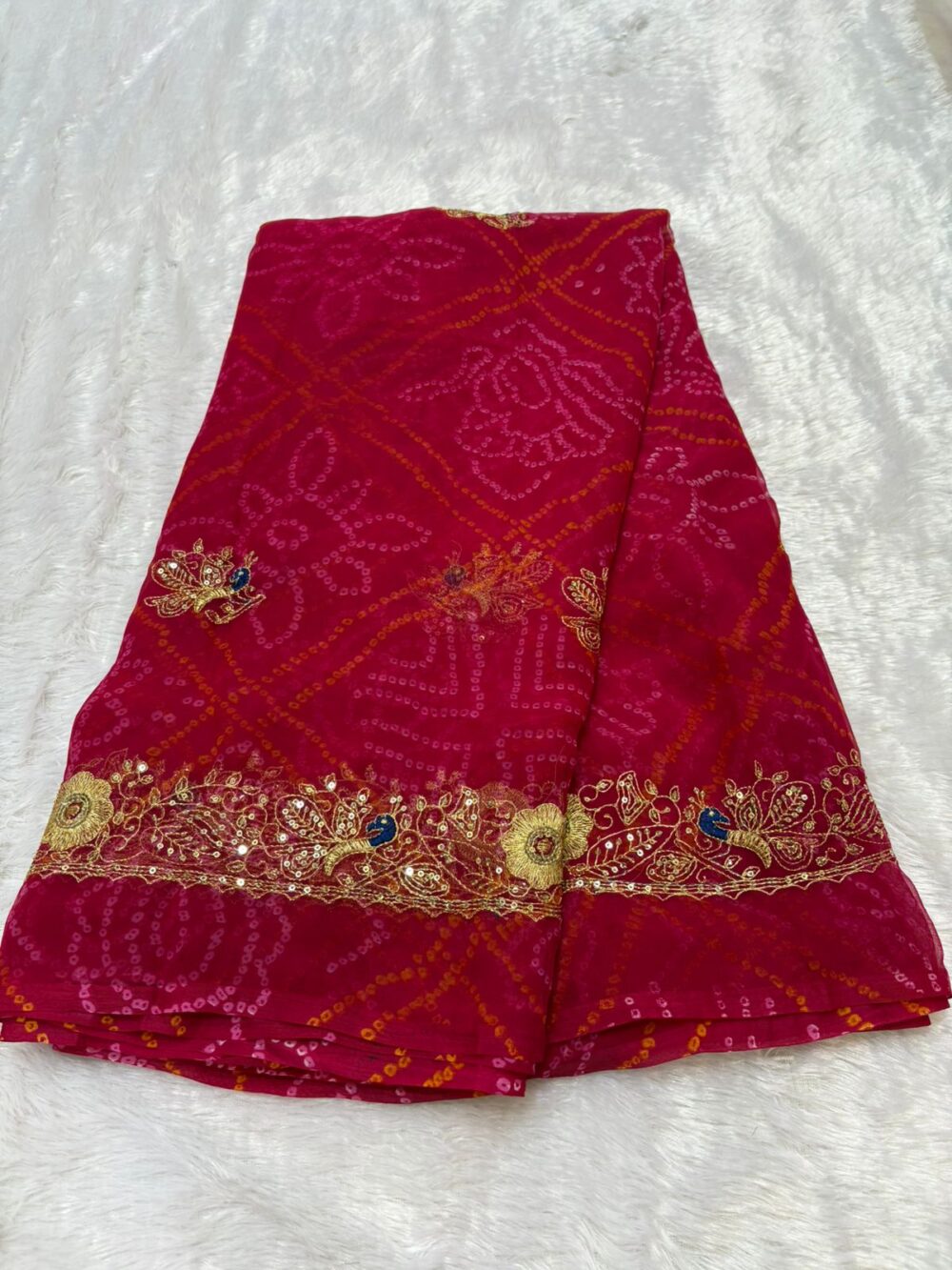 | Trending Chunri Design | Four-Side Mor Design Border - Royal Georgette Fabric | Without Blouse | - Image 3