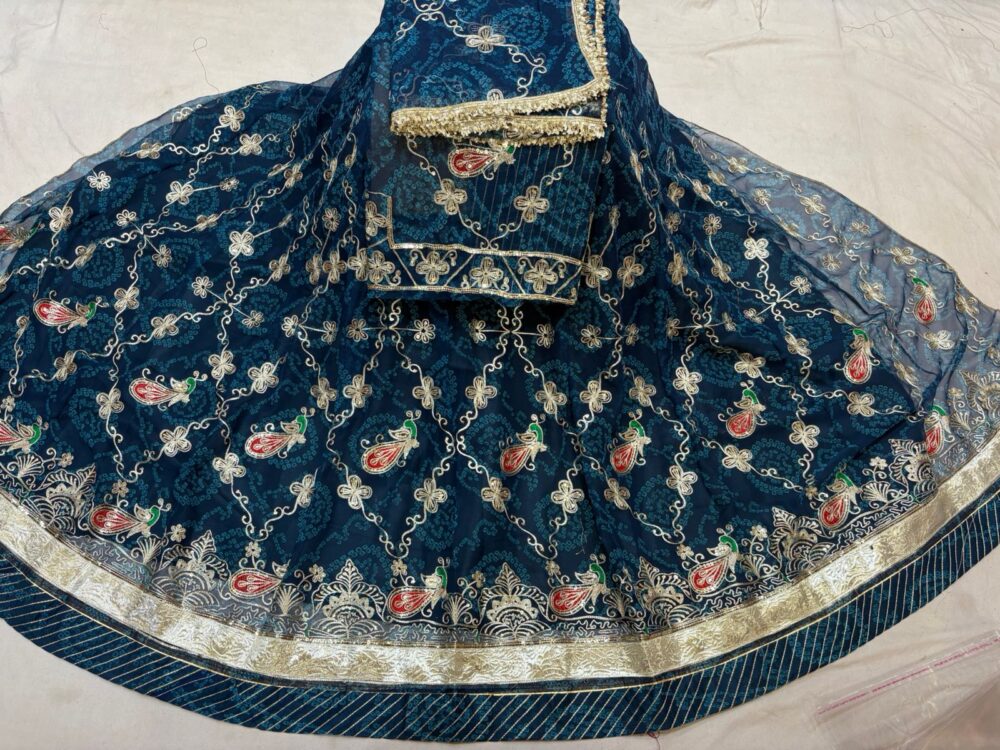 Regal Mor Design Poshak with Shimmering Zari Work & Jaal Odhna - Image 7