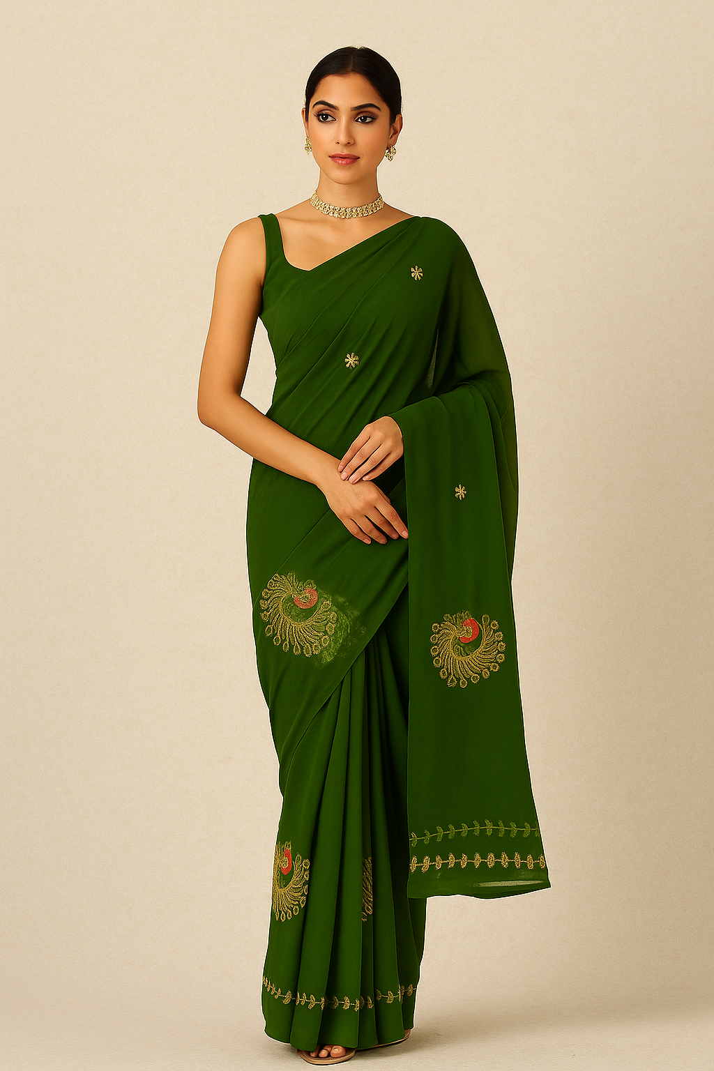 | Royal Georgette Fabric | Four Side Border & Stylish Peacock Pattern. | Without Blouse |