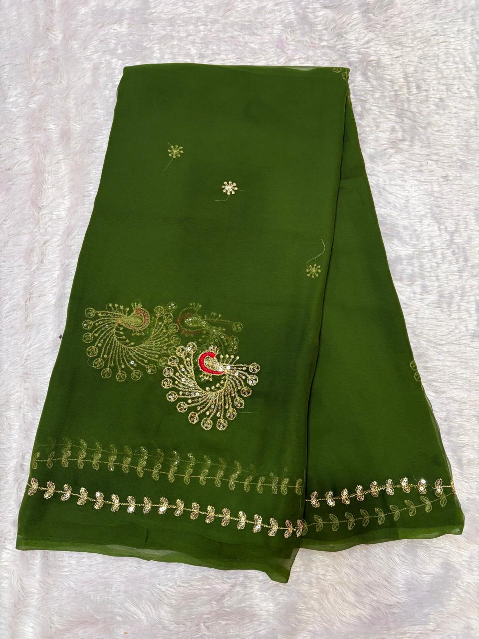 | Royal Georgette Fabric | Four Side Border & Stylish Peacock Pattern. | Without Blouse | - Image 4