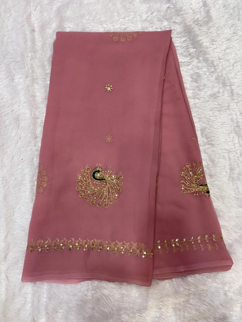 | Royal Georgette Fabric | Four Side Border & Stylish Peacock Pattern. | Without Blouse | - Image 5