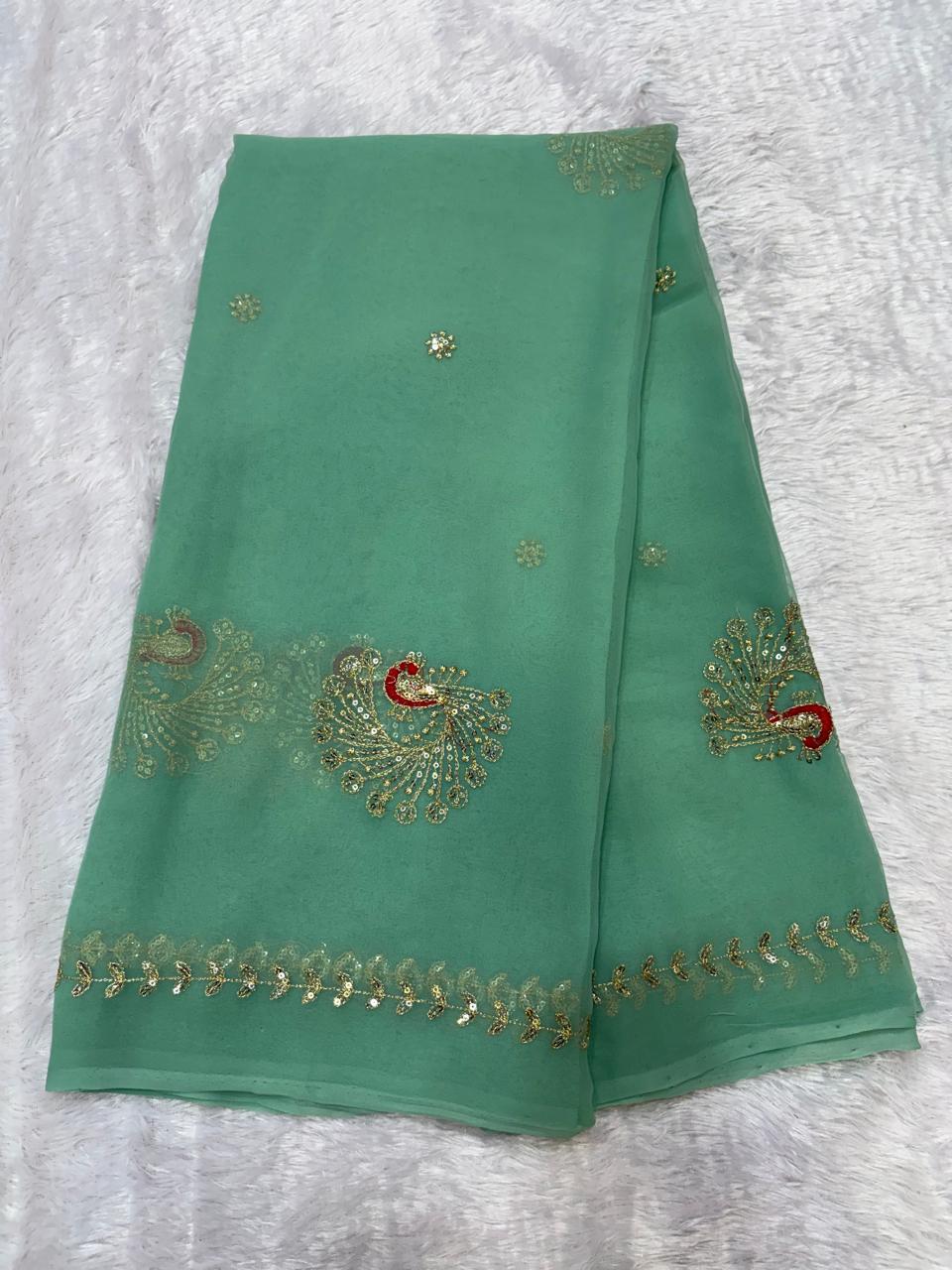 | Royal Georgette Fabric | Four Side Border & Stylish Peacock Pattern. | Without Blouse | - Image 6